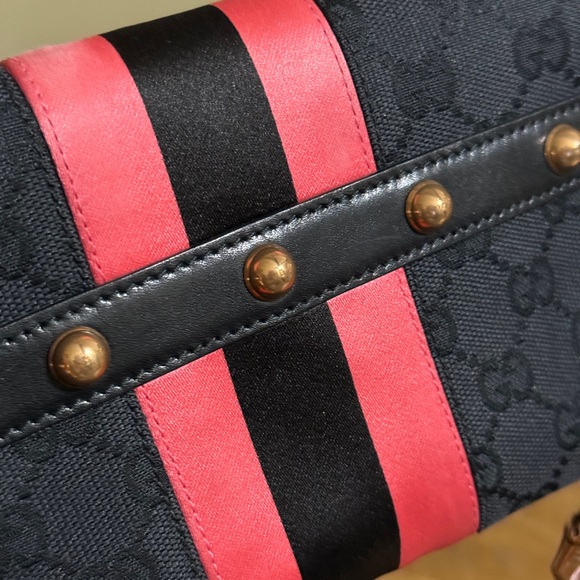AUTH GUCCI HORSEBIT shoulder bag black pink stripe monogram stud bamboo detail - Picture 13 of 16